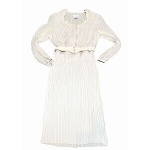 Liz Roberts Ivory Pleated Midi Dress Lace Pearl Button 12 Cottagecore Romantic